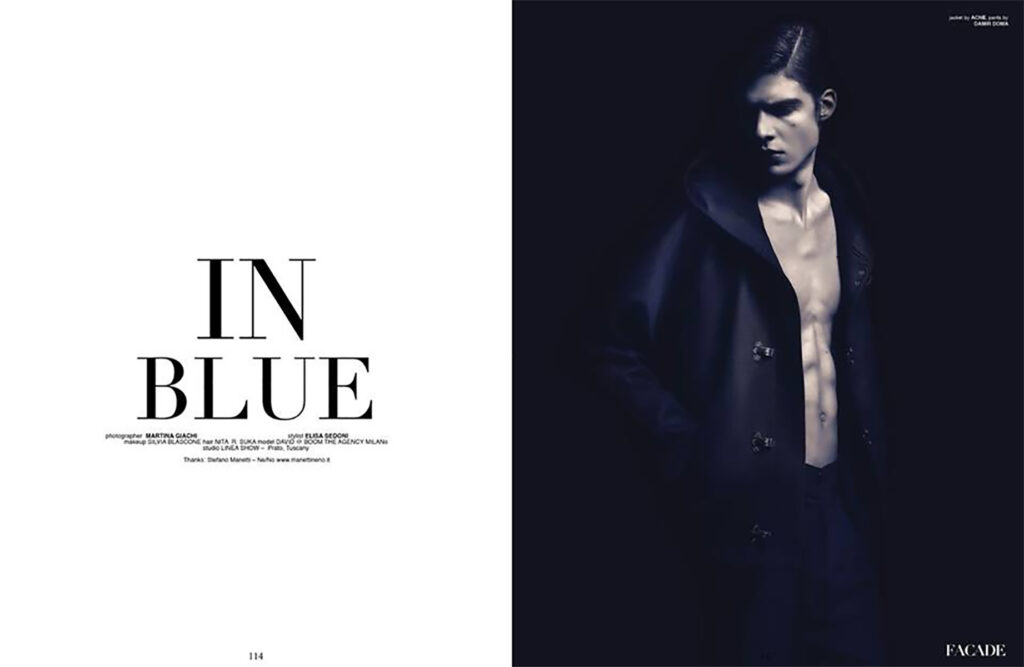 editorial FACADE MAGAZINE in blu, Fashion Styling Elisa Sedoni, Firenze-Milano